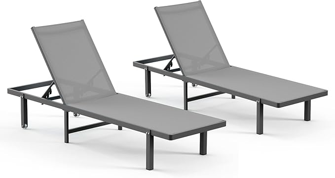 Pool Lounge Chairs Set of 2,Outdoor Lounge Chairs with Wheels and 5-Position Recliner -Easy to Move- Aluminum Patio Lounge Chair for Poolside, Deck (Darkgray)
