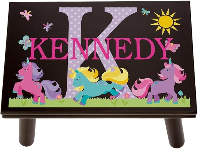 Let’s Make Memories Personalized My Own Name Step Stool - Children’s Step Stool - Sturdy Wood – Non-Toxic Paint, Sealer - Unicorn Design - Espresso - 14’Wx9.25”Lx8.75”H - Ages 3+