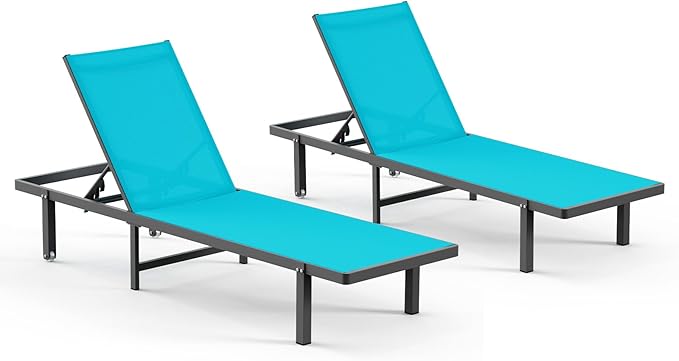 Pool Lounge Chairs Set of 2,Outdoor Lounge Chairs with Wheels and 5-Position Recliner -Easy to Move- Aluminum Patio Lounge Chair for Poolside, Deck (Lakeblue)