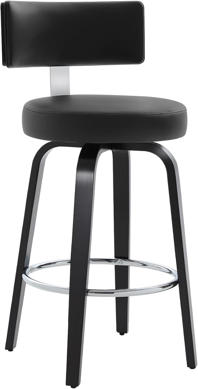 Swivel Counter Height Bar Stools Set of 2, 26" Upholstered Faux Leather Barstools with Back, Mid Century Modern Counter Stools with Black Walnut Wood Legs for Kitchen Island, Black