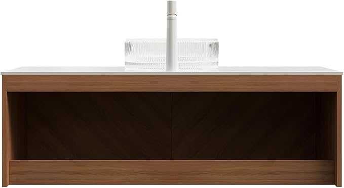 48 Inch Bathroom Vanity with Sink, Floating Fluted Vanity with Vessel Sink, Modern Wall Mounted Bathroom Vanity Cabinet with 2 Doors, Glass Vessel Sink & Sintered Stone Top, Oak