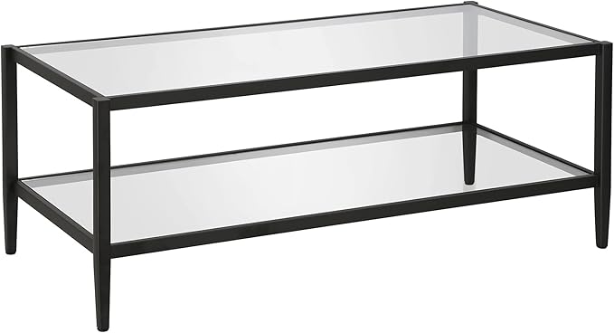 Henn&Hart 45" Wide Rectangular Coffee Table with Glass Shelf in Blackened Bronze, Modern coffee tables for living room, studio apartment essentials