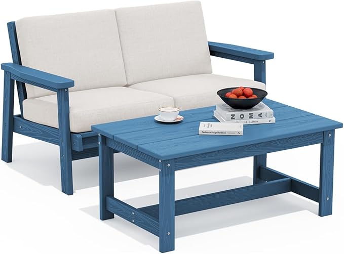 SERWALL Outdoor Loveseat, Blue Frame and Khaki Cushion