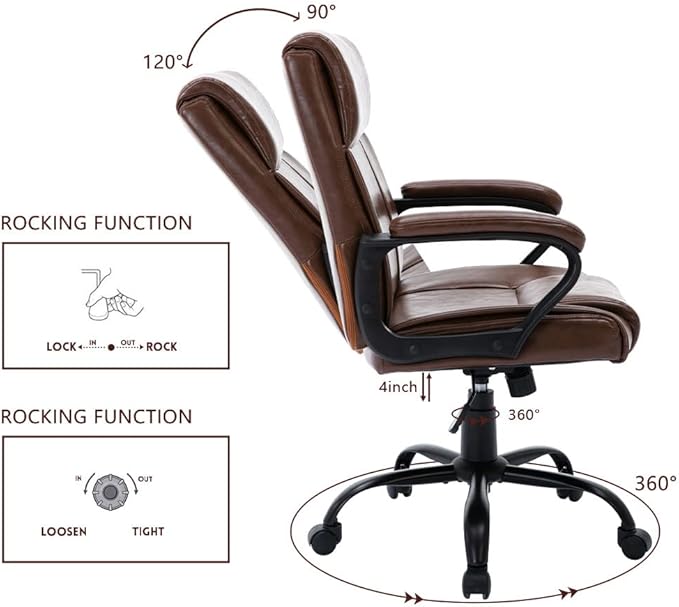 DYHOME Leather Office Chair Brown Desk Chair with Padded Armrests, Adjustable Home Office Chair Mid Back Swivel Task Chair, Ergonomic Mid Century Computer Chair, Capacity 400lbs