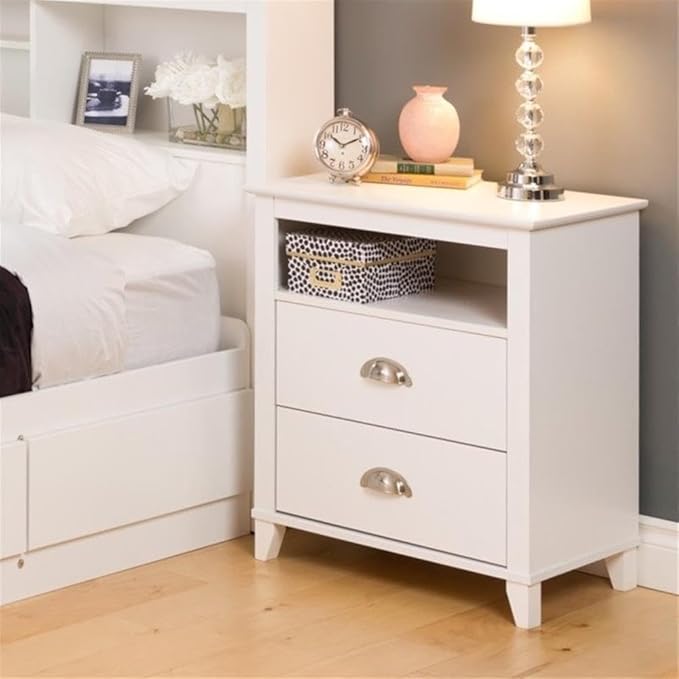 Prepac Yaletown Traditional 2-Drawer Tall Nightstand Side Table, Bedside Table with 2 Drawers and Open Shelf 16" D x 23" W x 28" H, White, WDNH-1202-1