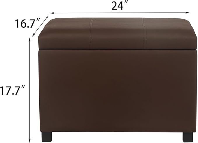Asense 24'' Small Square Ottoman with Lift Off Lid, Storage Cube Leather Ottoman for Foot Rest, Footstool for Dorm, Living Room, Bedroom,Espresso Brown