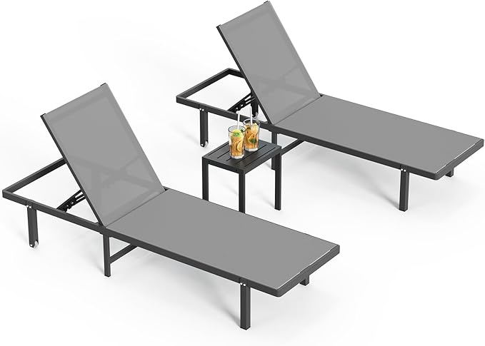 Pool Lounge Chairs Set of 3 (2 Loungers + 1 Side Table),Outdoor Lounge Chairs with Wheels and 5-Position Recliner, Aluminum Patio Lounge Chair for Poolside, Deck (Darkgray)