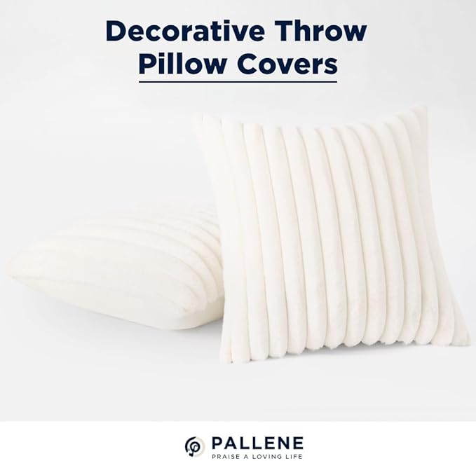 Pallene Faux Fur Plush Christmas Throw Pillow Covers 20x20 Set of 2, Luxury Soft Fluffy Striped Decorative Pillow Covers for Sofa, Couch, Living Room, Cream White