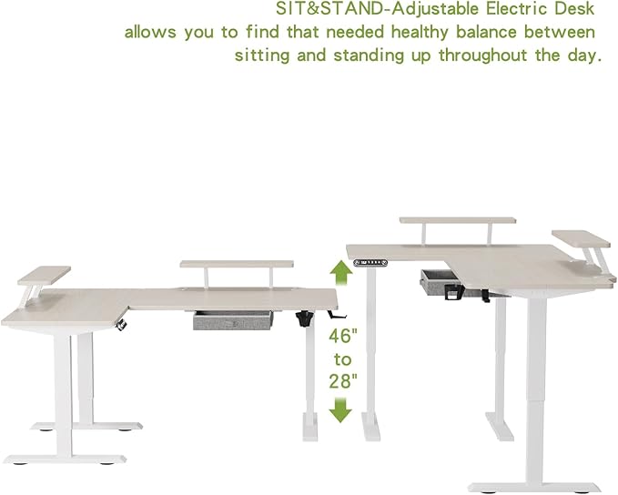 Radlove 63-Inch Large Electric Height Adjustable Computer L-Shaped Desk with Memory Controller Corner Standing Desk Modern Workstation with Splice Board Ergonomic Desk (White Frame + Oak Top)