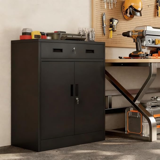Steel Storage Cabinets,Metal Storage Cabinet with 1 Locking Drawers, Locking Storage Cabinets for Office, Home, Garage, Warehouse 37" H x 31.5" W x 15.7" D (Black)