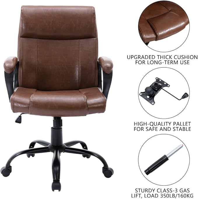 DYHOME Leather Office Chair Brown Desk Chair with Padded Armrests, Adjustable Home Office Chair Mid Back Swivel Task Chair, Ergonomic Mid Century Computer Chair, Capacity 400lbs