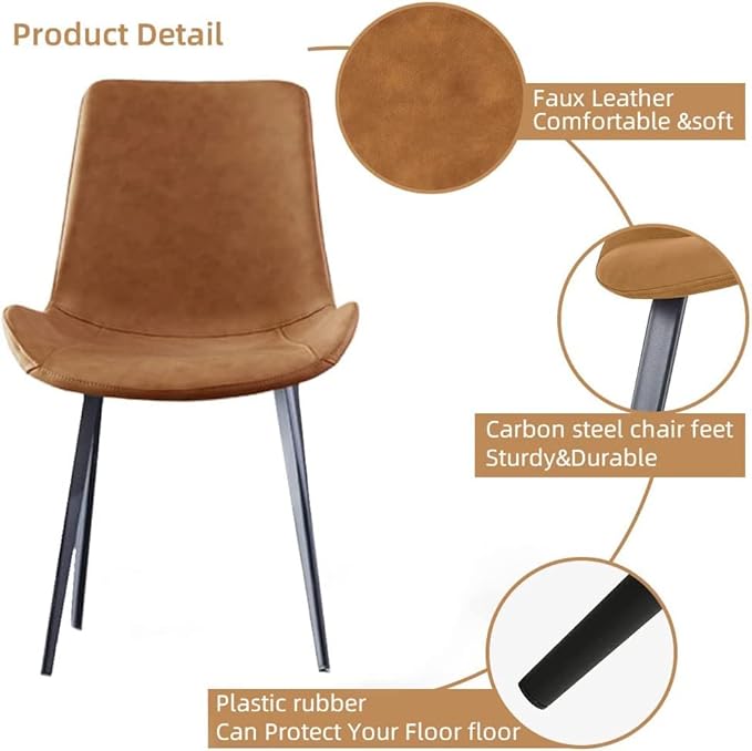 Dining Chairs Set of 2, Modern Kitchen & Dining Room Chairs, Upholstered Faux Leather Cushion Seat and Sturdy Metal Legs (2 Brown Chairs)