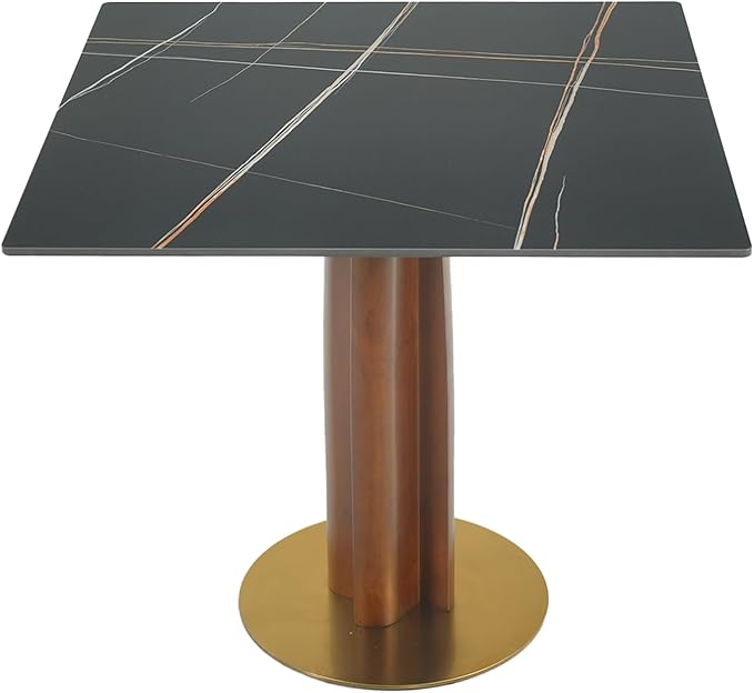 Sintered Stone Square Office Table - Meeting Desk for Small Offices (Walnut Leg and Black Top, 1 Table Only)