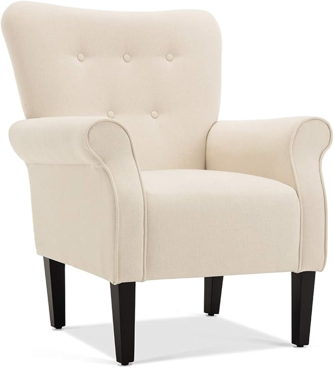 BELLEZE Modern Accent Chair, High Back Armchair, Upholstered Wingback Side Chair, Padded Single Sofa with Wooden Legs for Living Room, Bedroom - Beige