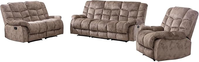 EBELLO Reclining Living Room Set, Includes One Seat Manual Recliner, Loveseat Recliner Sofa and 3PC Bonded Manual Sofa Couch, Brown