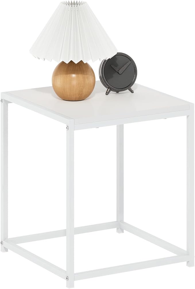 Furinno CAMNUS Side Table, Metal Frame End Table, Toolless Night Stand, Bedside Table, for Living Room, Bedroom, Solid White