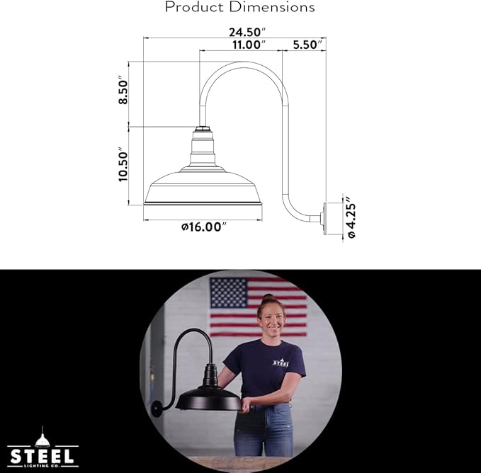 Steel Lighting Co. Gardena Barn Light | Outdoor Wall Mounted | 16" Dome | Upslope Gooseneck | Farmhouse Light Made in America | Matte Black Exterior/Matte Black Interior