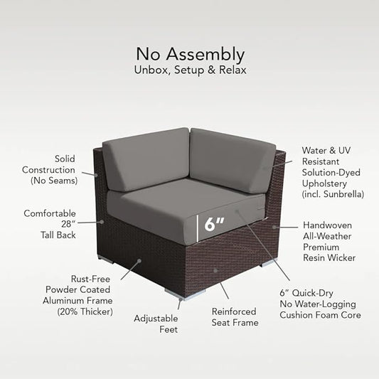 Outdoor Patio Wicker Furniture 7-PC Sectional with 6 inch All Weather Rainshield Cushions (Black Wicker, Gray Cushions)
