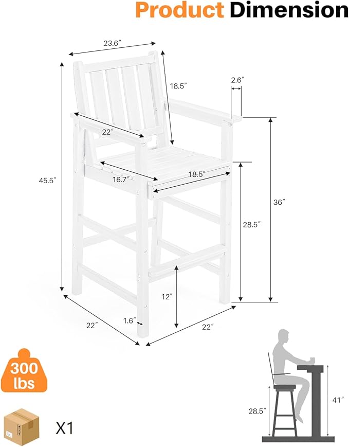 Adirondack Bar Chair Set of 2, HDPE Tall Adirondack Chairs Bar Stools with Footrest, Outdoor Bar Height Stool Chair Set, HDPE Patio Barstools Set for Balcony, Porch, Deck, Pool, Pearl
