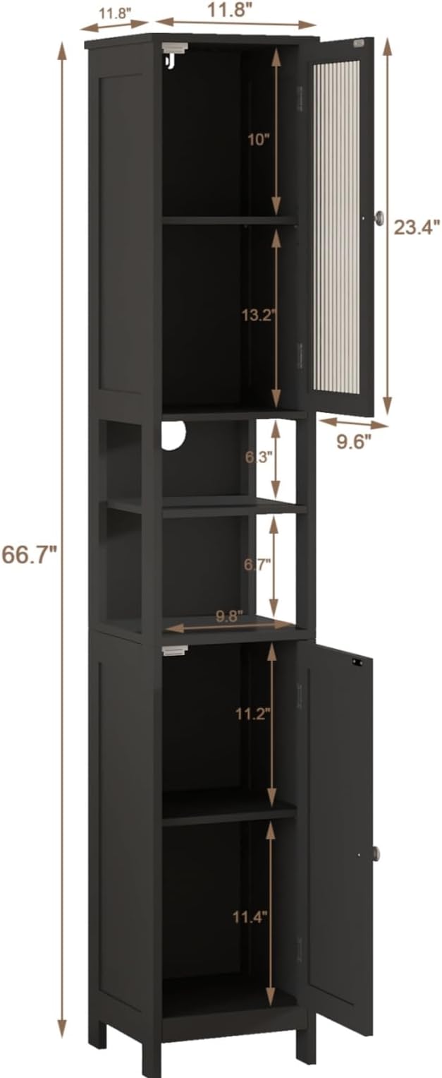 ChooChoo Tall Bathroom Storage Cabinet with Light,5-Tier Narrow Bathroom Cabinet with 2 Doors, Slim Storage Linen Cabinet Freestanding with Adjustable Shelves for Space Saving, Black