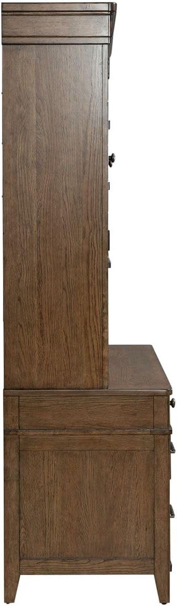 Liberty Furniture Carolina Park Credenza & Hutch with LED Light, Keyboard Tray, File Storage for Home Office- Amber Brown Oak Wood