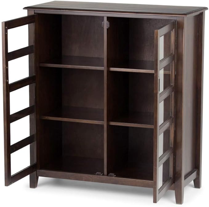 SIMPLIHOME Burlington SOLID WOOD 40 inch Wide Transitional Medium Storage Cabinet in Mahogany Brown, with 2 Tempered Glass Doors that open to 4 Adjustable Shelves