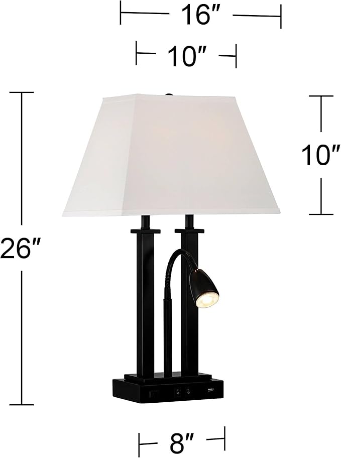 Possini Euro Design Deacon 26" High Industrial Modern Desk Lamps Set of 2 USB Port AC Power Outlet Gooseneck Black Metal Oatmeal Shade Home Office Living Room Charging Bedroom Bedside Nightstand