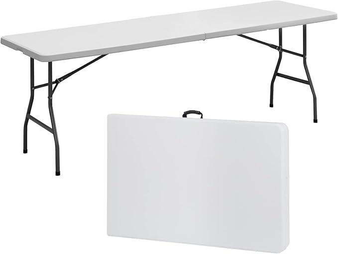 SIMPLI-MAGIC 8ft Portable Plastic Folding Table – Indoor & Outdoor Heavy-Duty Foldable Utility Table w/Handle for Party & Camping (White)