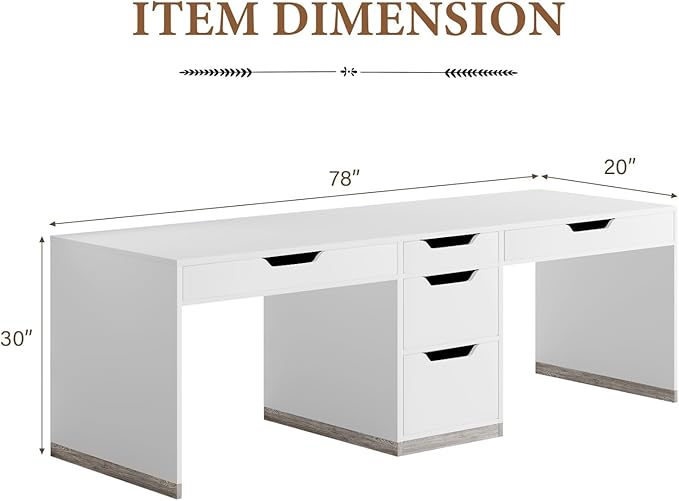 Two Person Desk with 5 Drawers, Double Desk with Storage for 2 People, 78 Inch Extra Long Computer Desk Workstation with File Drawer for Home Office, White