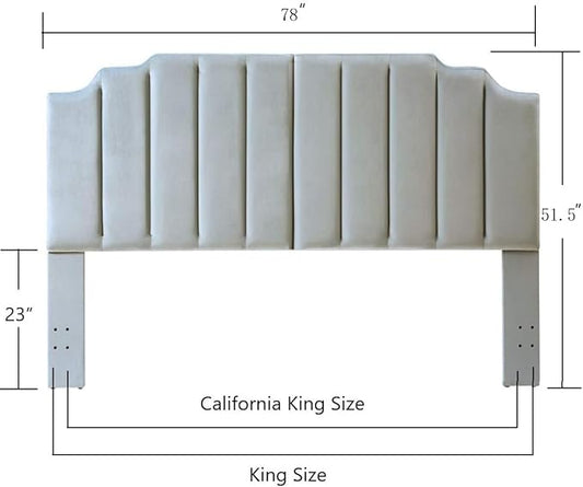 24KF Steel Gray Velvet Tufted King Upholstered Headboard, Modern Vertical Channel Design California King Headboard with Stepped Silhouette Top Edge, Steel Gray