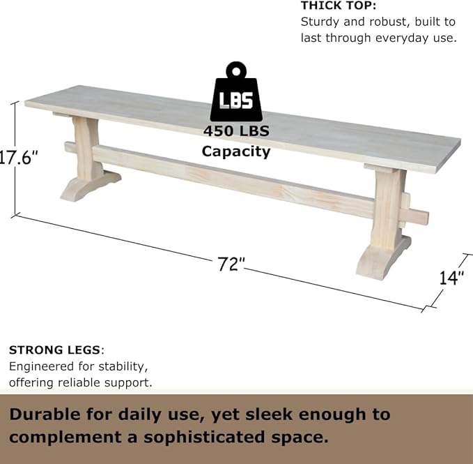 Solid Parawood Trestle Bench Unfinished 72", Kitchen/Dining Furniture, Sturdy & Reliable, Paint or Stain in Any Color, 450 lb Capacity, Entryway, Living Room, Family Room, Breakfast Nook, Unfinished