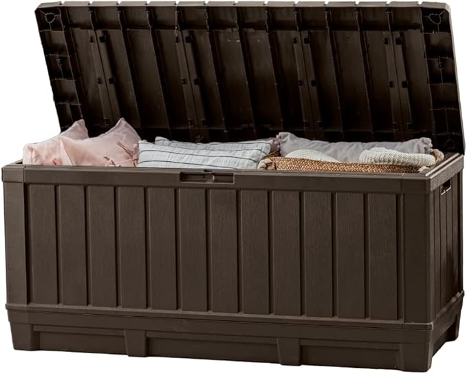 Keter Kentwood 92 Gallon Resin Deck Box-Organization and Storage for Patio Furniture Outdoor Cushions, Throw Pillows, Garden Tools and Pool Floats, Brown