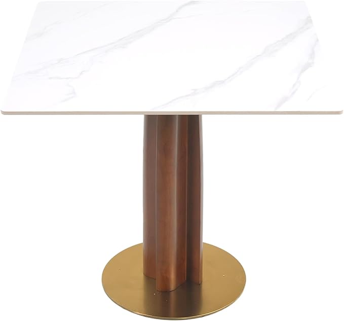 Sintered Stone Square Office Table - Meeting Desk for Small Offices (Walnut Leg and White Top, 1 Table Only)