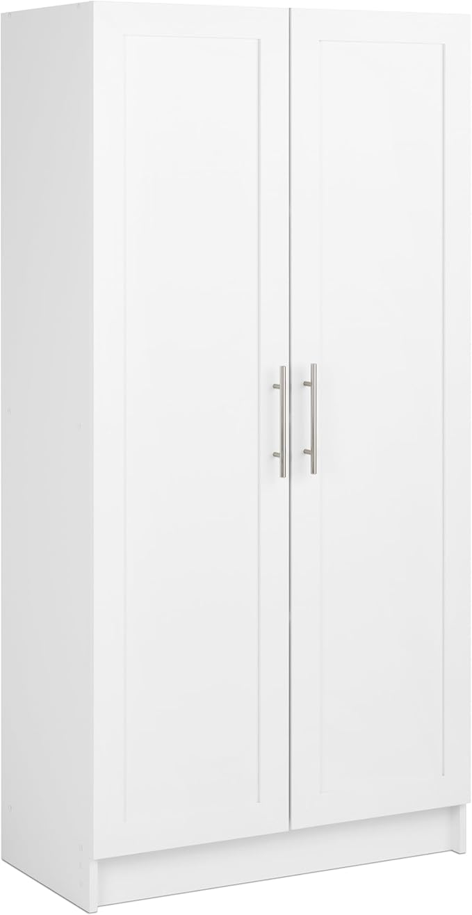 Prepac Elite 65" Tall Storage Cabinet with Panel Doors, Double Door Wood Kitchen Pantry, Dining Room Cupboard with 2 Adjustable and 1 Fixed Shelf, Free Standing Living Room Accent Cabinet, White