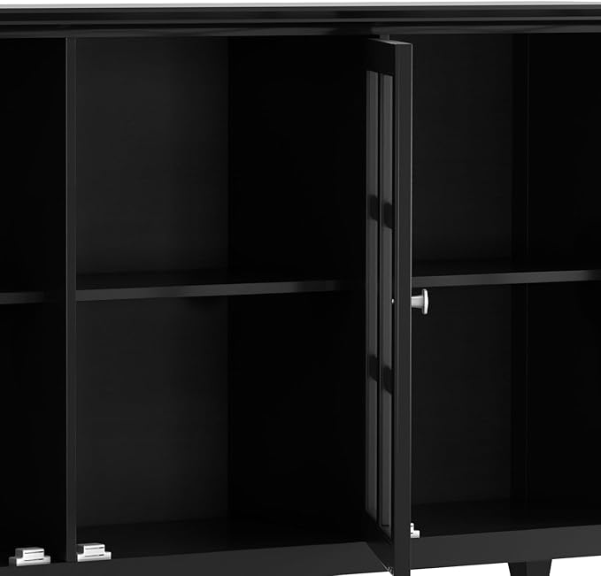 SIMPLIHOME Acadian SOLID WOOD 62 inch Wide Transitional Wide Storage Cabinet in Black, with 3 Tempered Glass Doors, 3 Adjustable Shelves