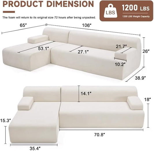 106" Modular Sectional Sofa, Boneless Couch Sponge Sectional Sofa for Living Room, High Density Sponges Cloud Couch,Modular L-Shape with Chaise, Beige