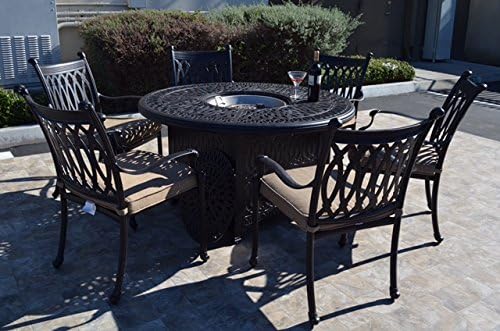 Grand Tuscany Outdoor Patio 7 pcs Round Fire Gas 52" Dining Set Dark Bronze Cast Aluminum Sunbrella Cushions (Set with 6 Regular Chairs)