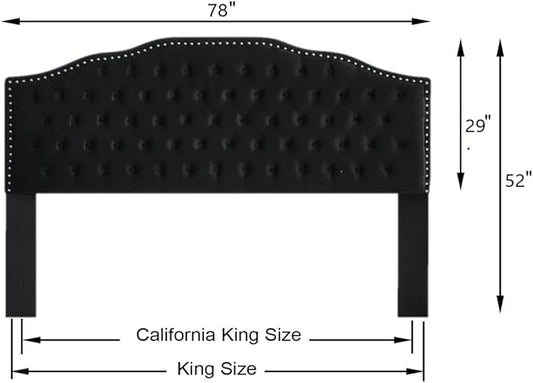 24KF Upholstered Button Tufted King Size Headboard with Nailhead Trim, Soft Velvet Fabric Headboard King/Cal King Size-Black