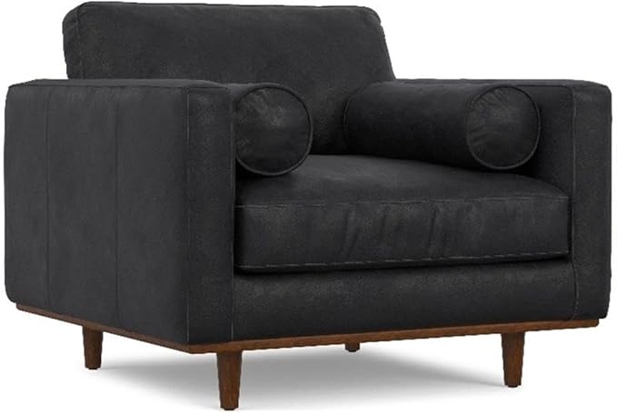 SIMPLIHOME Morrison Accent Chair - 43 inch Wide Upholstered Top Grain Genuine Leather Mid-Century Modern Arm Chair with Solid Wood Frame in Lead Black, for Living Room with 2 Bolster Pillows