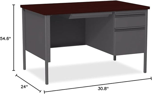 Lorell Fortress Single Pedestal Desk, 30" x 48" x 29.5", Gray Steel Base with Mahogany Laminate Top