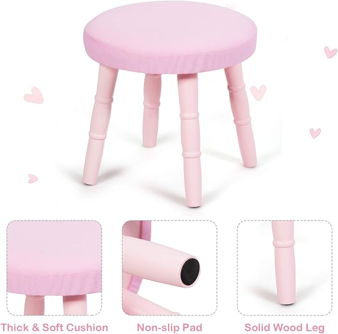 Costzon Kids Vanity Set, Wooden Princess Makeup Table with Cushioned Stool, Large Drawer, Solid Wooden Legs and Crown Mirror, Pretend Beauty Make Up Dressing Play Set for Girls Best Gift (Pink)