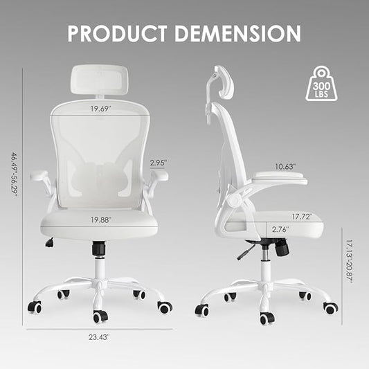 Farini Ergonomic Office Chair, Home Office Desk Chair with Headrest, High Back Computer Chair with Armrests and Adjustable Lumbar Support for Home Office Study Room, White & White