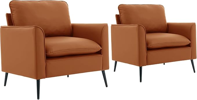 YISHENG Mid-Century Modern Living Room Accent Chairs Set of 2 - Oversized Faux Leather Armchairs with Removable Cushions & Metal Legs, Comfortable Sofas for Office/Lounge/Bedroom/Reception,(Brown)