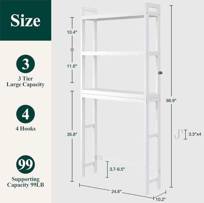 Smiry Over The Toilet Storage Cabinet, 3-Tier Bamboo Bathroom Organizers with Adjustable Shelf & 4 Hooks, Space Saving Shelf Rack for Bathrooms, Laundry Room, Balcony, White