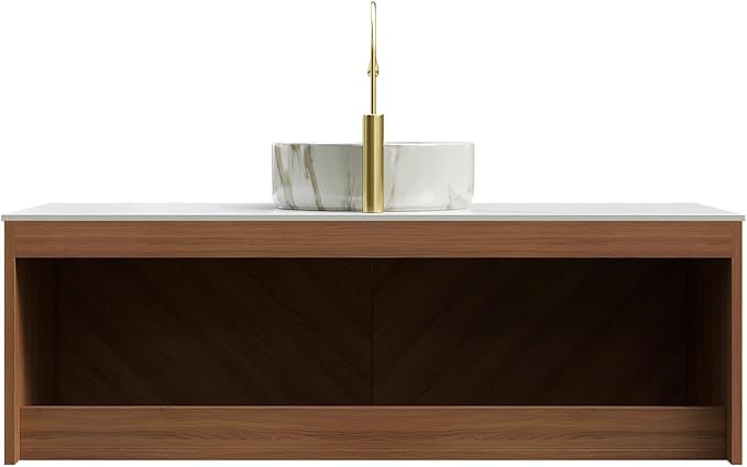 48 Inch Bathroom Vanity with Sink, Floating Fluted Vanity with Vessel Sink, Modern Wall Mounted Bathroom Vanity Cabinet with 2 Doors, Ceramic Sink with Stone Pattern & Sintered Stone Top, Oak