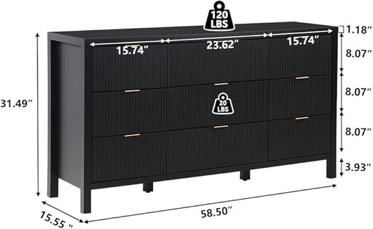 Fluted 9 Drawer TV Stand Dresser for Bedroom, Mid Century Modern Dresser with Drawers, Storage Organizer with 9 Drawers, Fluted Cabinet for Closet Cloth, Living Room, Entryway -Black