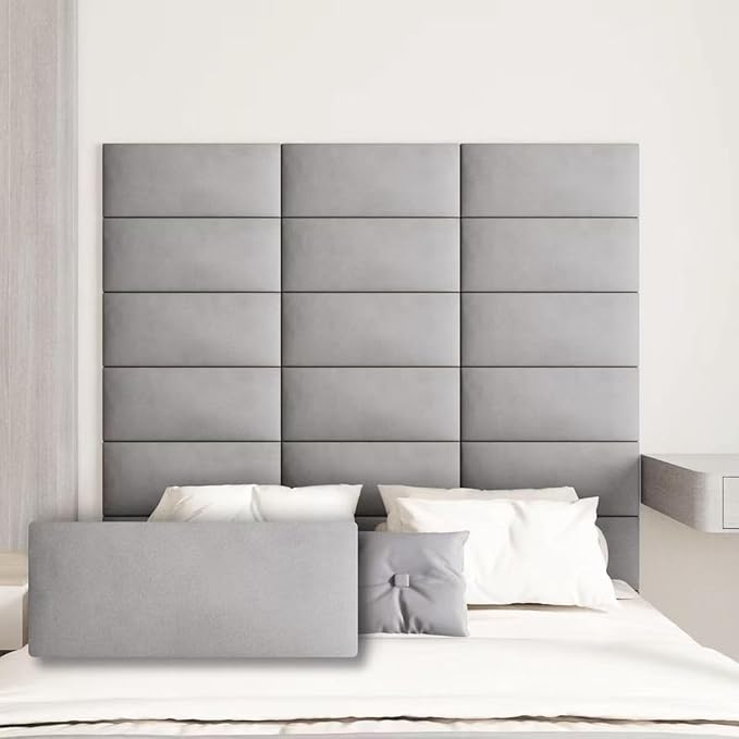 Upholstered Wall Mounted Headboard, 3D Soundproof Panels Peel and Stick for King Size, Adjustable Bed, Tufted, Light Grey (12 Panels, 10" x 24")