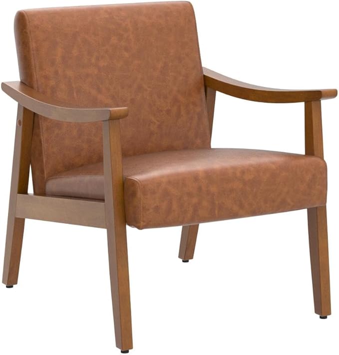 Yaheetech PU Leather Accent Chair, Mid-Century Modern Armchair with Solid Wood Legs, Reading Leisure Chair for Living Room Bedroom Waiting Room, Light Brown, Set of 2