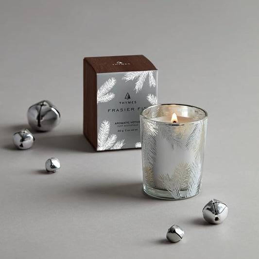 Thymes Frasier Fir Candle – Pine Needle Design – Holiday Scented Candle – Notes of Crisp Siberian Fir, Cedarwood & Sandalwood – Luxury Home Fragrance Gifts for Women & Men – Silver (Statement, 2 oz)