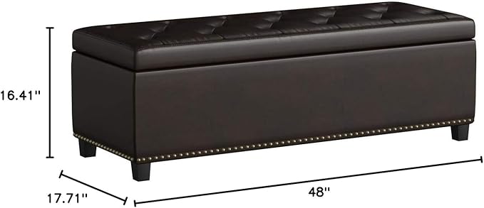 SIMPLIHOME Hamilton 48 inch Wide Transitional Rectangle Storage Ottoman in Coffee Brown Vegan Faux Leather, Assembled, For the Living Room, Entryway and Family Room